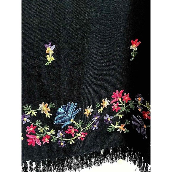 Vintage Black Midi Skirt XL Crewel Floral Embroidery Border Fringed Hem - Picture 5 of 8